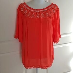 Entro women's small oversized salmon crochet neck textured blouse
